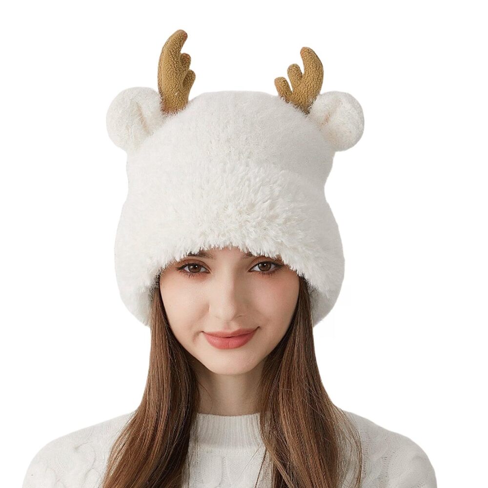 2150 Cute Reindeer Antlers Knitted Beanie Hats Girls Warm Fluffy Winter Hat